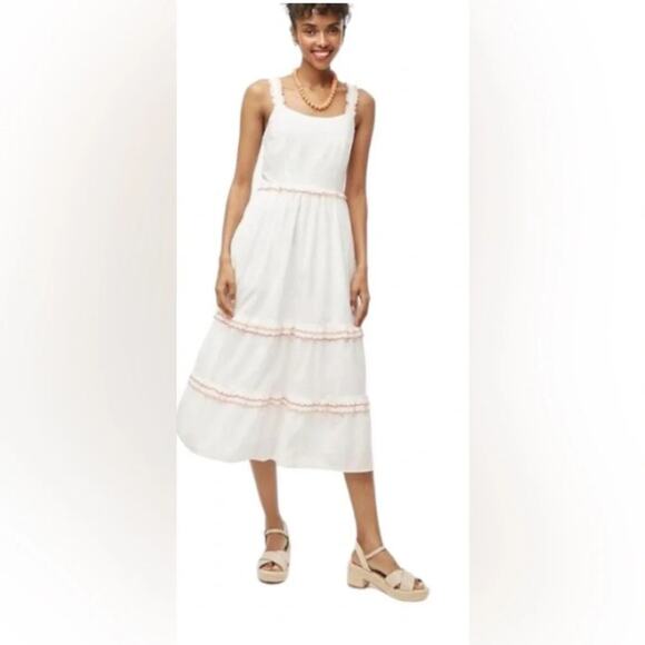 NWT J.Crew Factory Midi Dress Women's Sz 0 White Scalloped Orange Trim #0456 - Picture 1 of 12